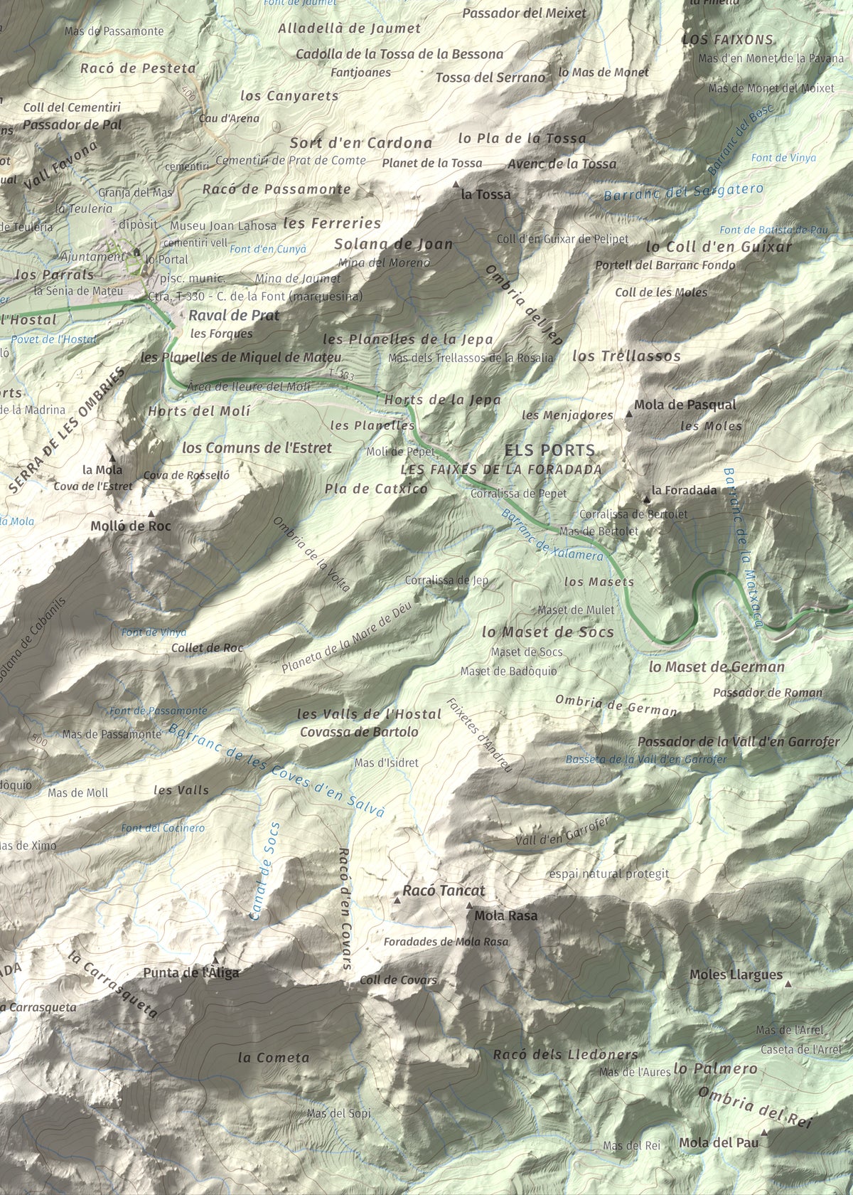 Mapa de relieve de Rocamala, 621 m, Terra Alta, lámina 100 Cims de Trobart. Detalle de la zona inferior derecha. 50 × 70 cm.