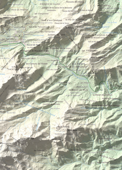 Mapa de relieve de Rocamala, 621 m, Terra Alta, lámina 100 Cims de Trobart. Detalle de la zona inferior derecha. 50 × 70 cm.
