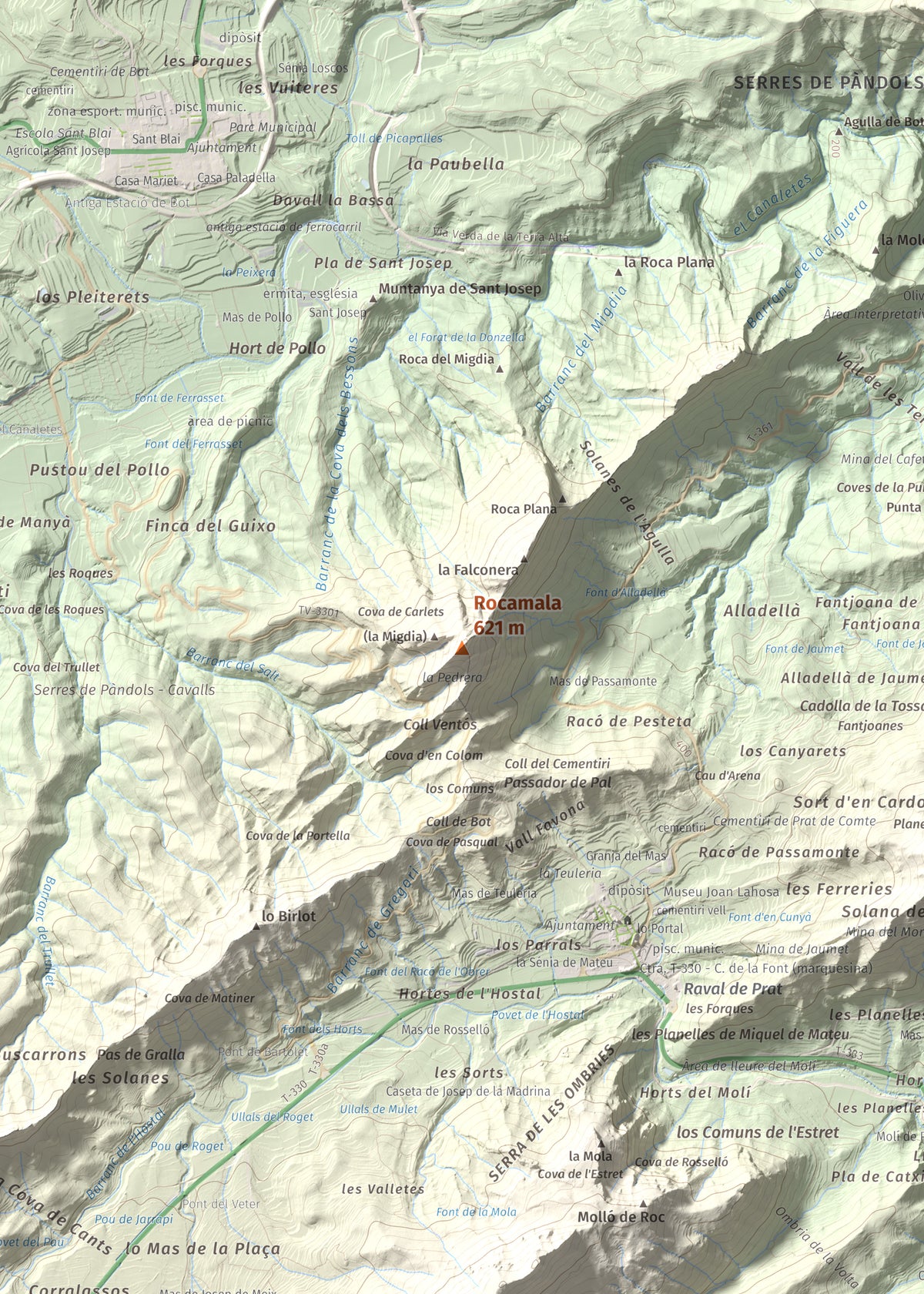 Mapa de relieve de Rocamala, 621 m, Terra Alta, lámina 100 Cims de Trobart. Detalle de la zona central. 50 × 70 cm.
