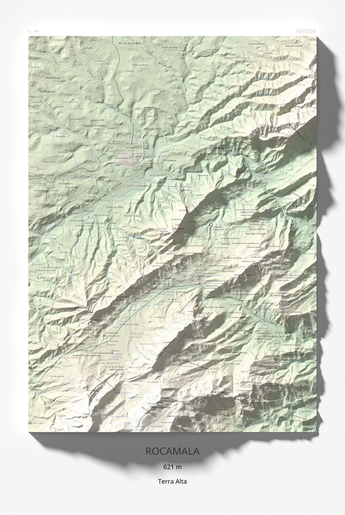 Mapa de relieve de Rocamala, 621 m, Terra Alta, lámina 100 Cims de Trobart 61 × 91 cm.