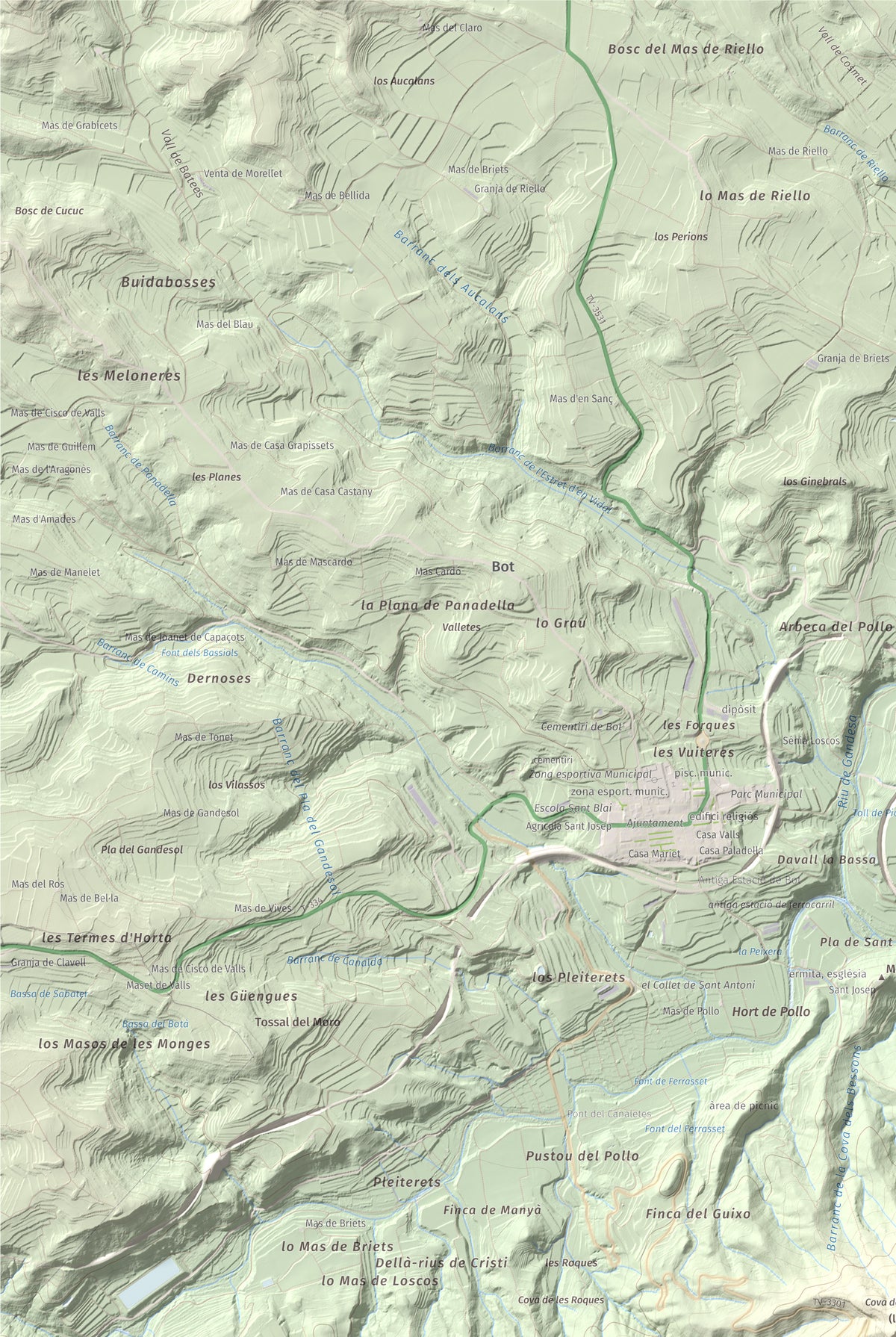 Mapa de relieve de Rocamala, 621 m, Terra Alta, lámina 100 Cims de Trobart. Detalle de la zona superior izquierda. 61 × 91 cm.