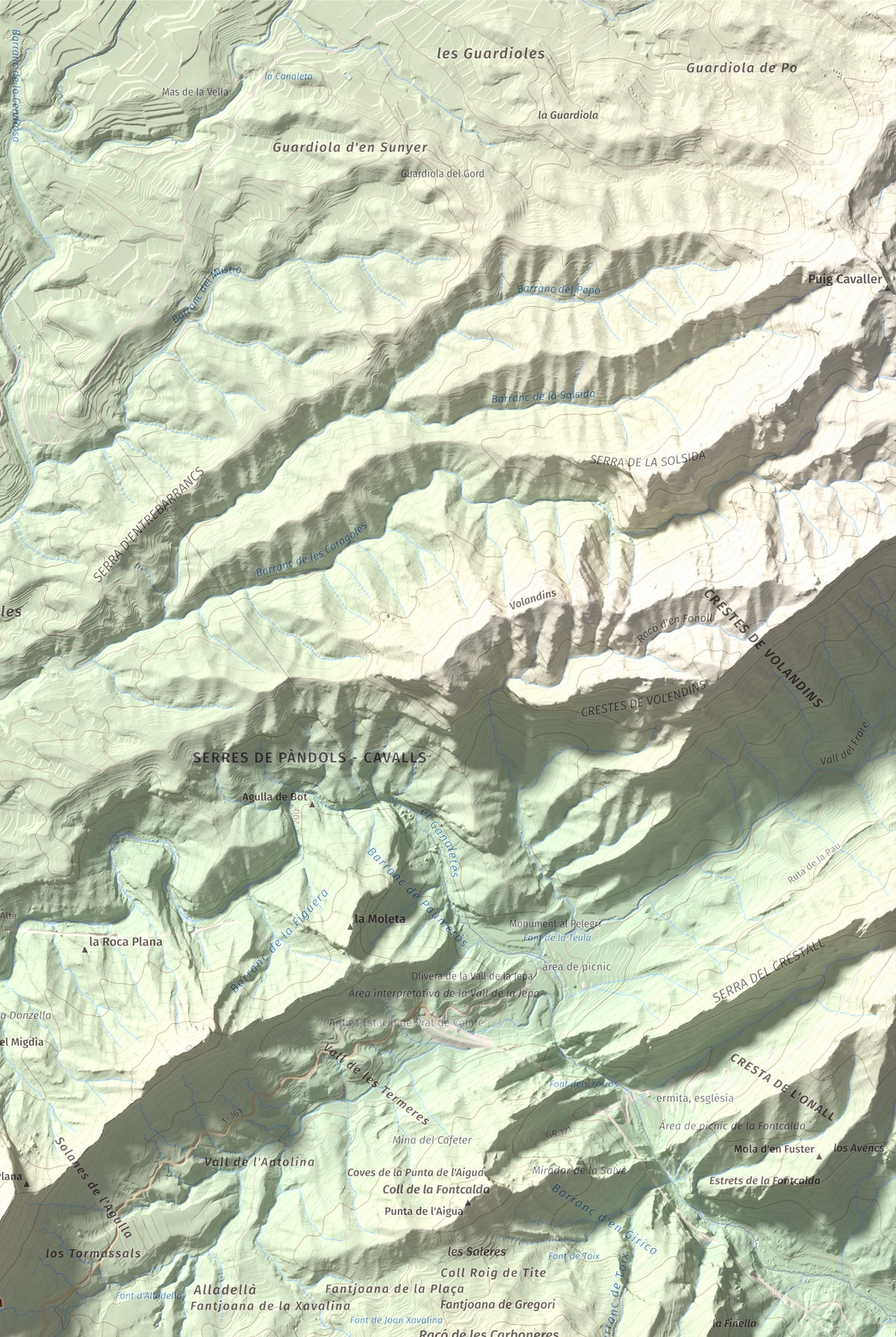 Mapa de relieve de Rocamala, 621 m, Terra Alta, lámina 100 Cims de Trobart. Detalle de la zona superior derecha. 61 × 91 cm.