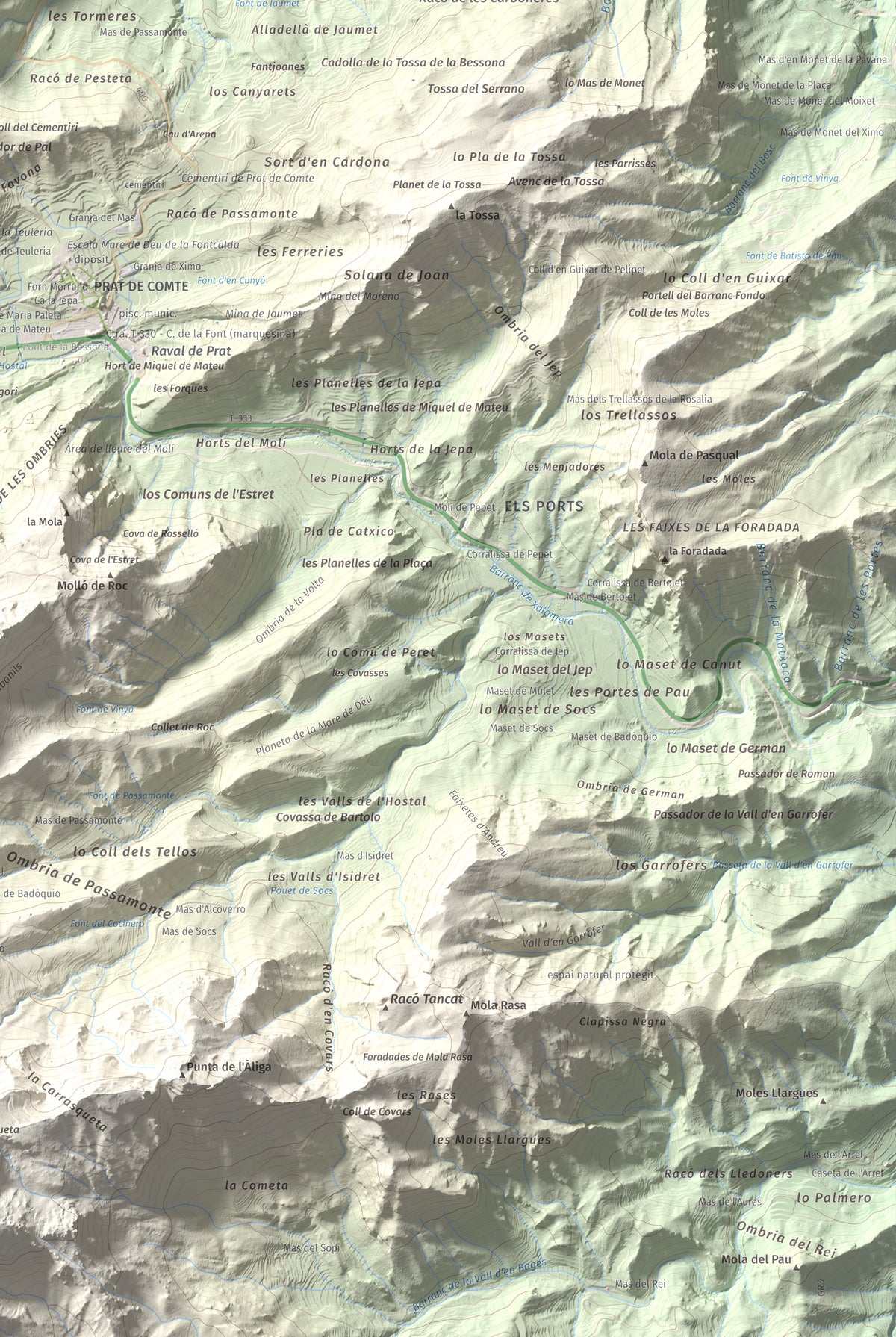 Mapa de relieve de Rocamala, 621 m, Terra Alta, lámina 100 Cims de Trobart. Detalle de la zona inferior derecha. 61 × 91 cm.