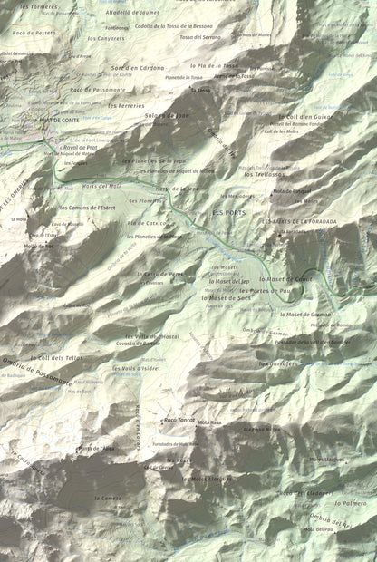 Mapa de relieve de Rocamala, 621 m, Terra Alta, lámina 100 Cims de Trobart. Detalle de la zona inferior derecha. 61 × 91 cm.