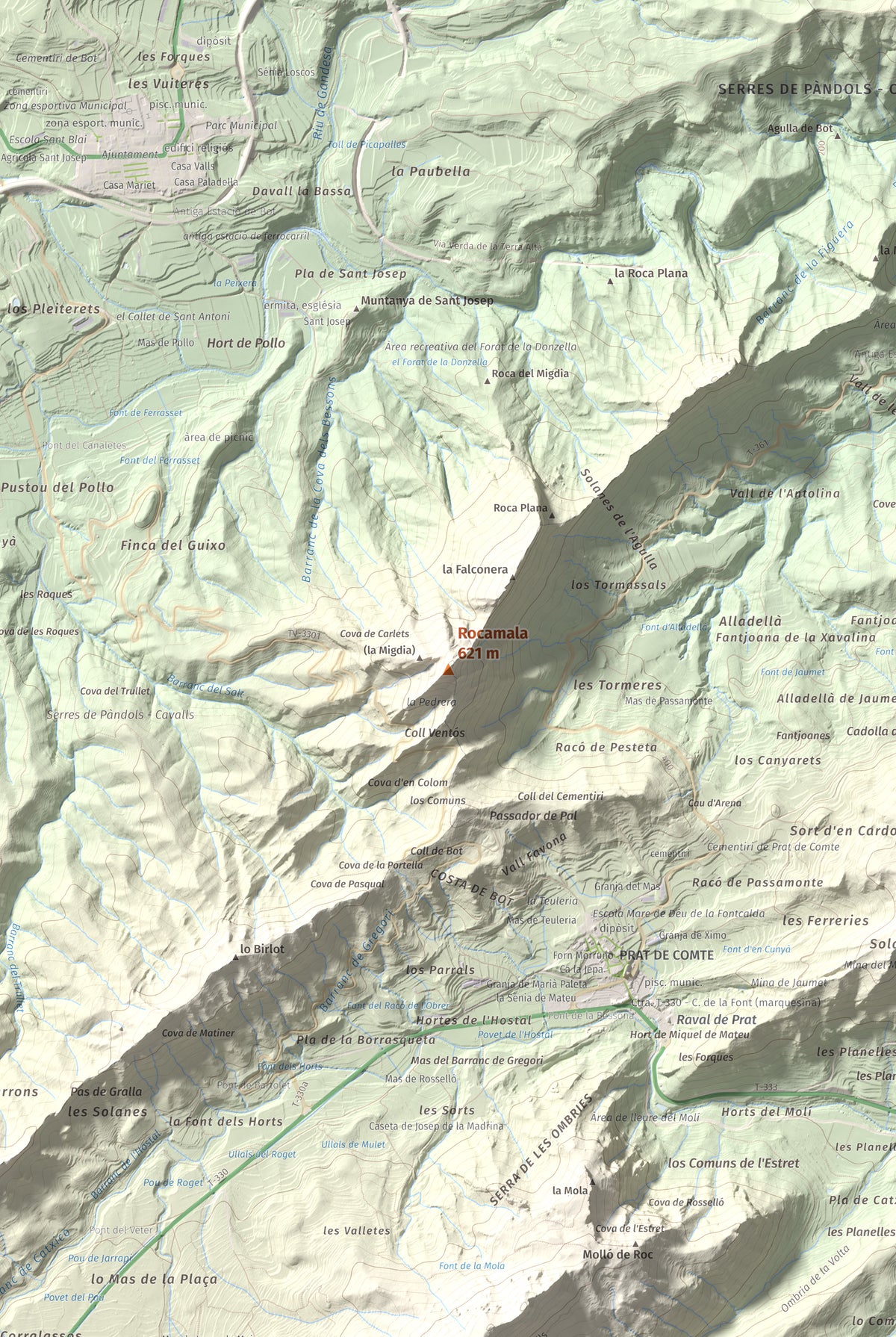Mapa de relieve de Rocamala, 621 m, Terra Alta, lámina 100 Cims de Trobart. Detalle de la zona central. 61 × 91 cm.