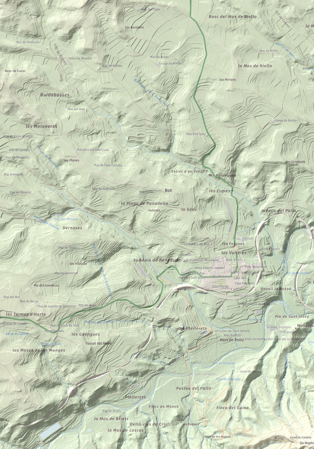 Mapa de relieve de Rocamala, 621 m, Terra Alta, lámina 100 Cims de Trobart. Detalle de la zona superior izquierda. 70 × 100 cm.