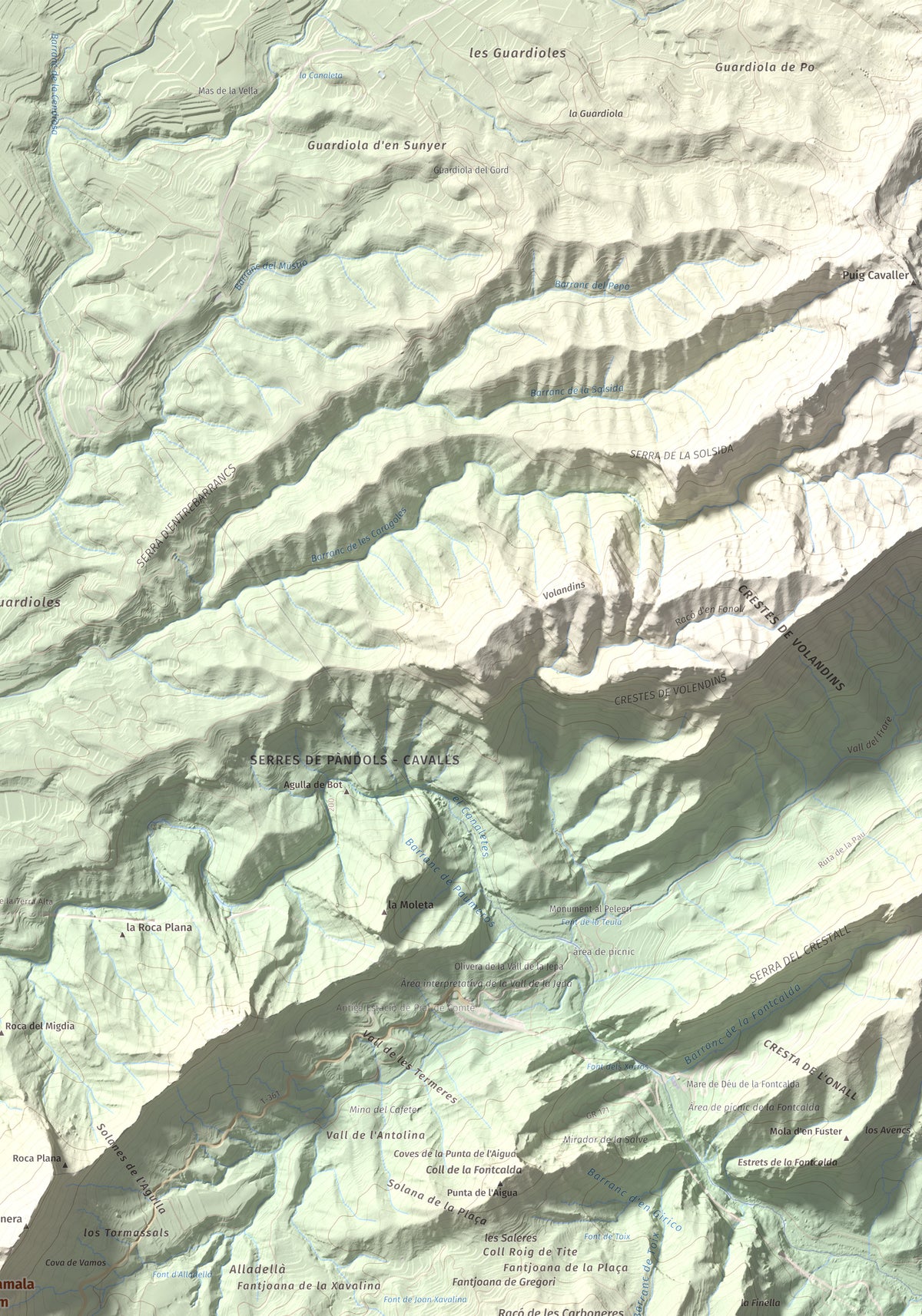 Mapa de relieve de Rocamala, 621 m, Terra Alta, lámina 100 Cims de Trobart. Detalle de la zona superior derecha. 70 × 100 cm.
