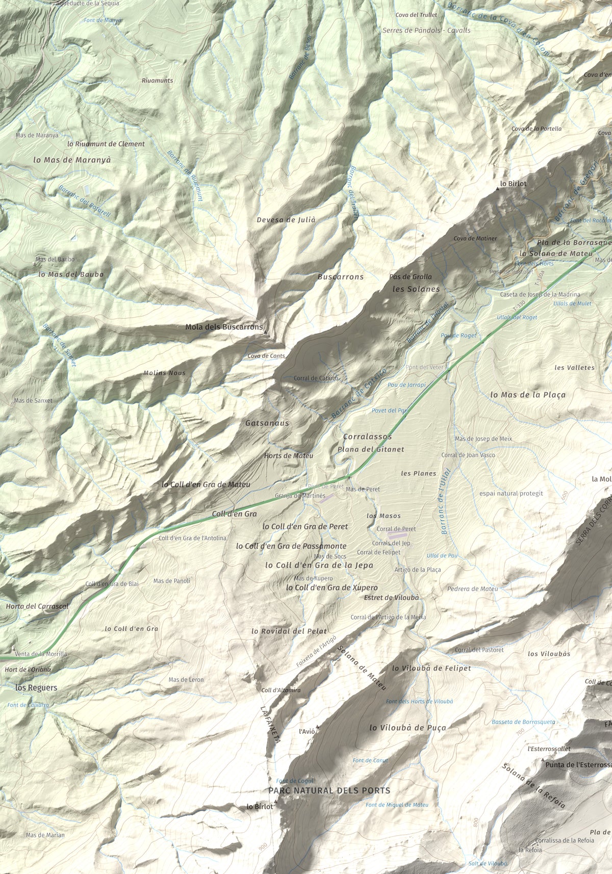 Mapa de relieve de Rocamala, 621 m, Terra Alta, lámina 100 Cims de Trobart. Detalle de la zona inferior izquierda. 70 × 100 cm.