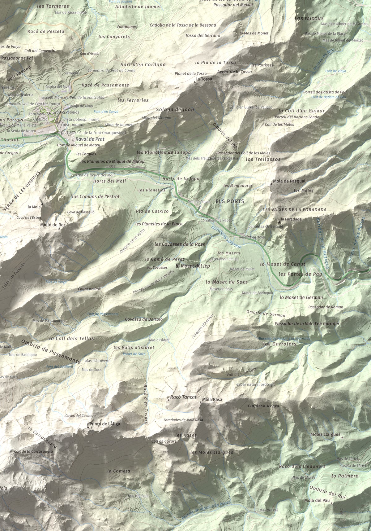 Mapa de relieve de Rocamala, 621 m, Terra Alta, lámina 100 Cims de Trobart. Detalle de la zona inferior derecha. 70 × 100 cm.
