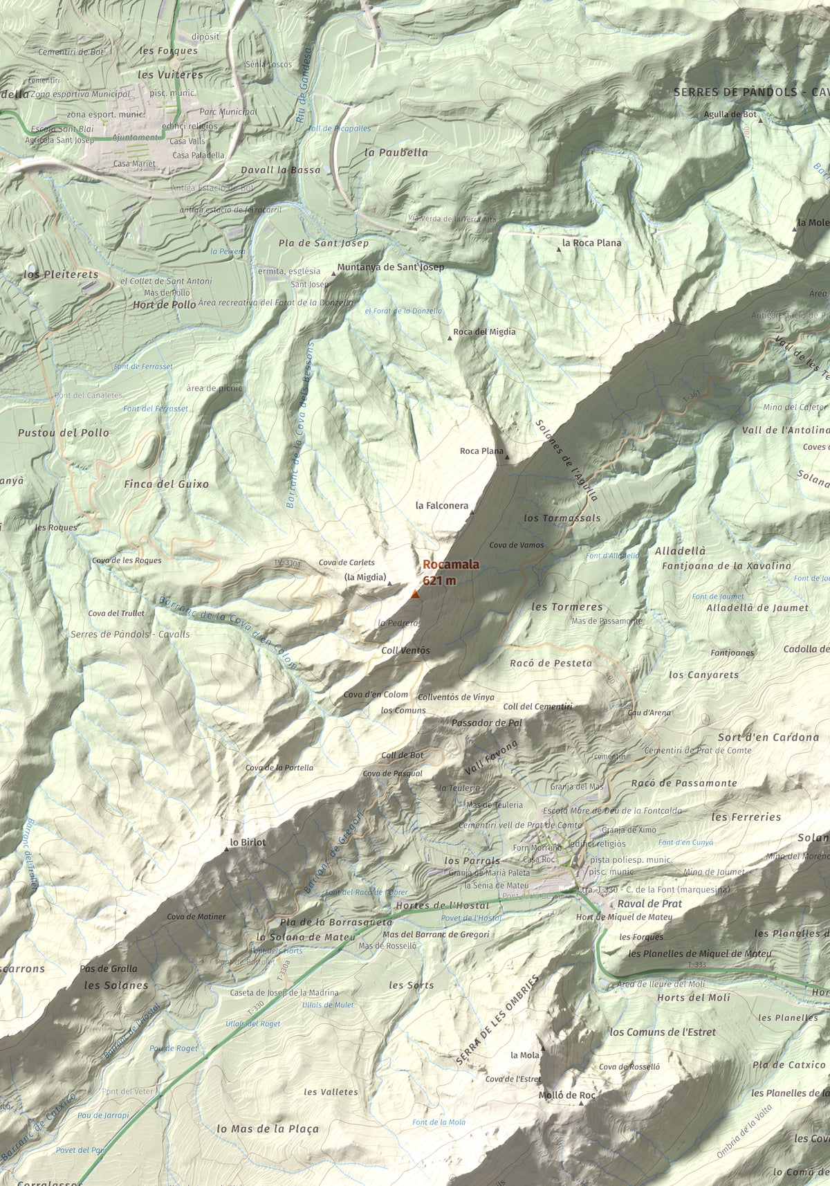 Mapa de relieve de Rocamala, 621 m, Terra Alta, lámina 100 Cims de Trobart. Detalle de la zona central. 70 × 100 cm.
