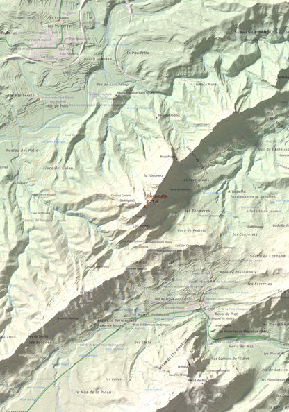 Mapa de relieve de Rocamala, 621 m, Terra Alta, lámina 100 Cims de Trobart. Detalle de la zona central. 70 × 100 cm.