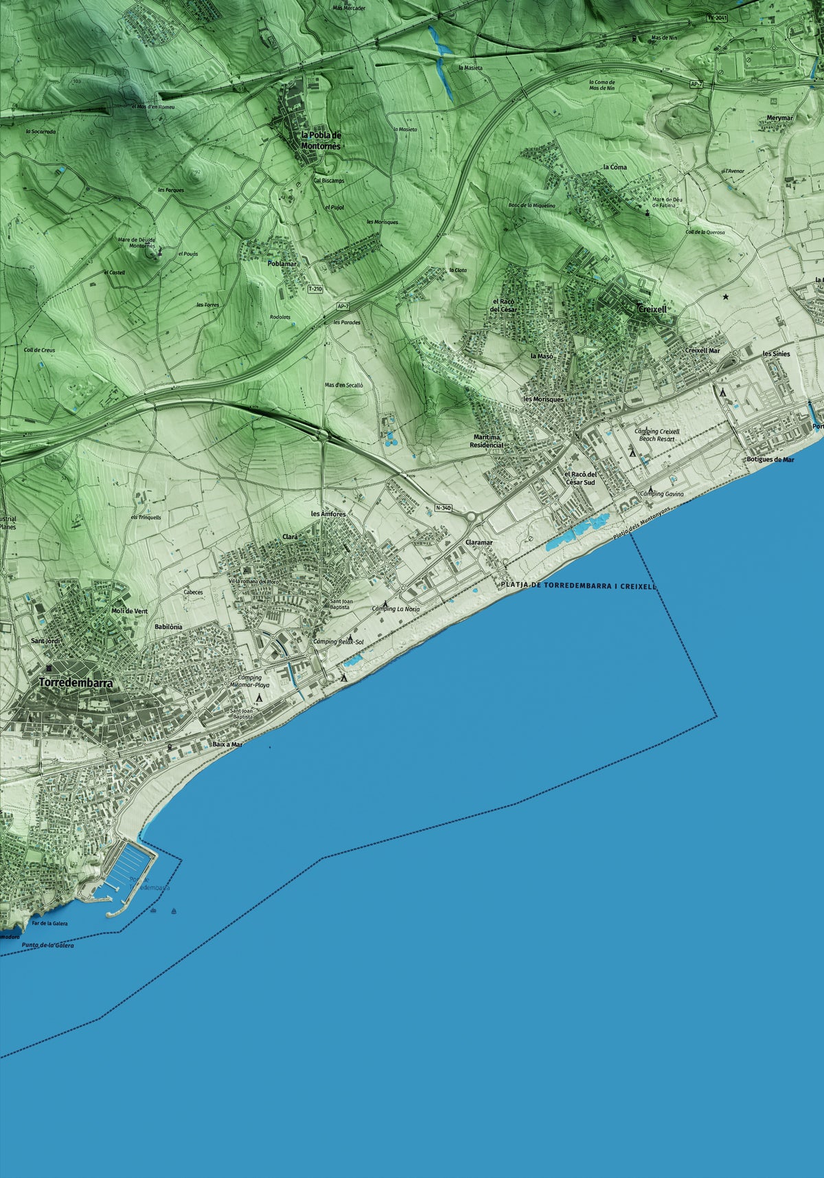 Mapa artístico del relieve de Roda de Berà, al Tarragonès, con 15 km de entorno y base topográfica ICGC. Detalle de la zona inferior izquierda.