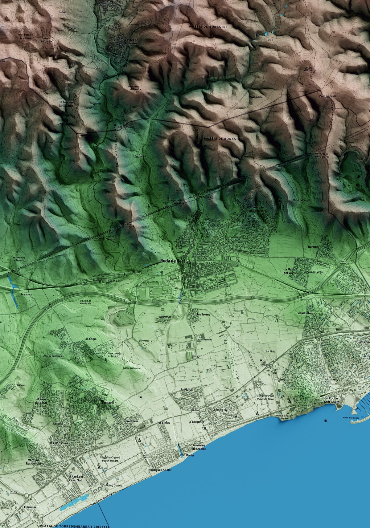 Mapa artístico del relieve de Roda de Berà, al Tarragonès, con 15 km de entorno y base topográfica ICGC. Detalle de la zona central.