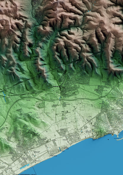 Mapa artístico del relieve de Roda de Berà, al Tarragonès, con 15 km de entorno y base topográfica ICGC. Detalle de la zona central.