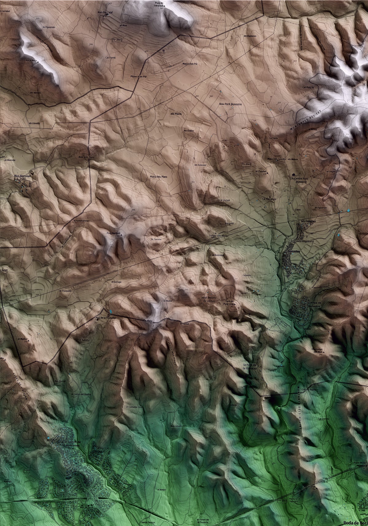 Mapa artístico del relieve de Roda de Berà, al Tarragonès, con 15 km de entorno y base topográfica ICGC. Detalle de la zona superior izquierda.
