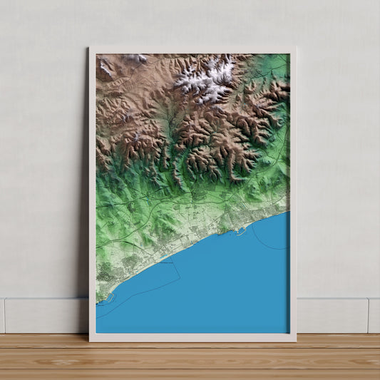 Mapa artístico del relieve de Roda de Berà, al Tarragonès, con 15 km de entorno y base topográfica ICGC. Presentación enmarcada.