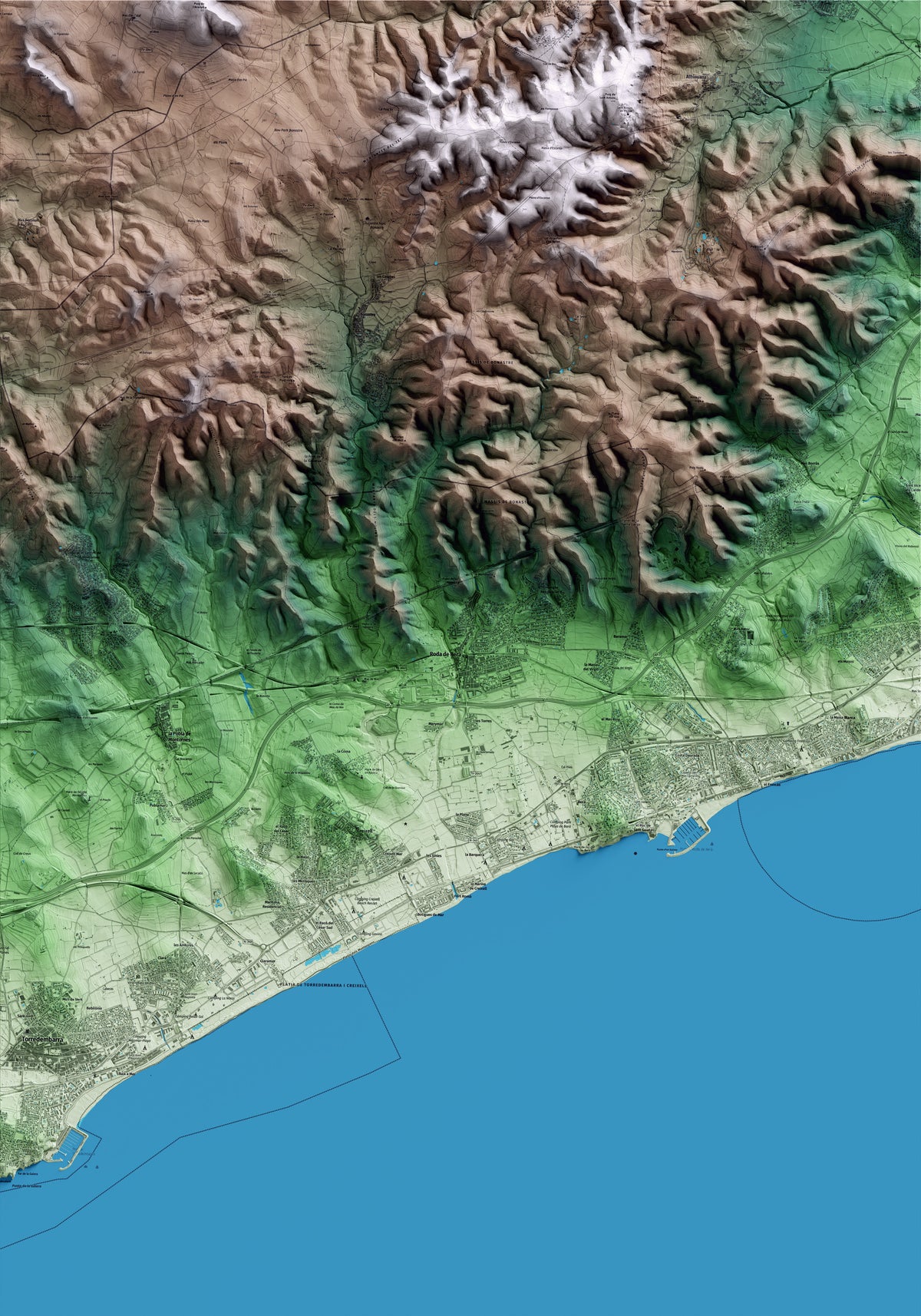 Mapa artístico del relieve de Roda de Berà, al Tarragonès, con 15 km de entorno y base topográfica ICGC