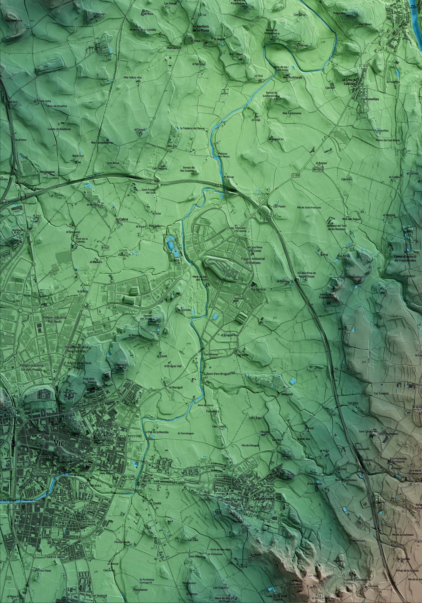 Mapa artístico del relieve de Roda de Ter, a Osona, con 15 km de entorno y base topográfica ICGC. Detalle de la zona inferior izquierda.