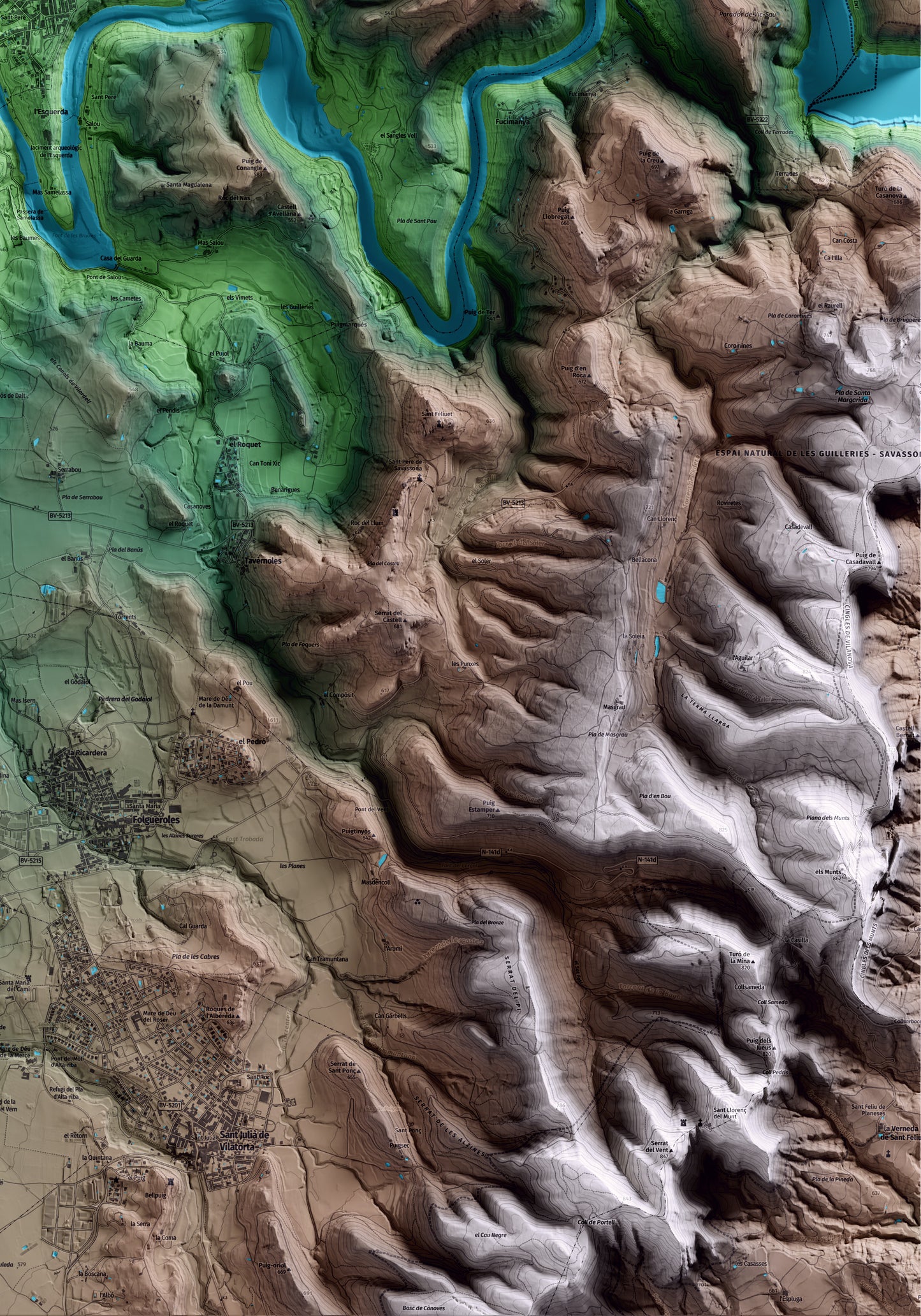 Mapa artístico del relieve de Roda de Ter, a Osona, con 15 km de entorno y base topográfica ICGC. Detalle de la zona inferior derecha.
