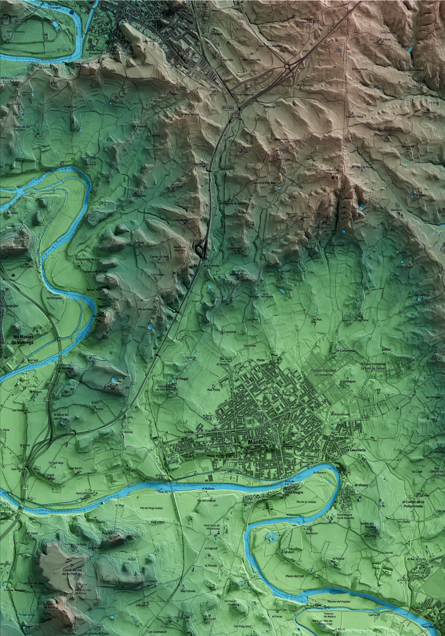 Mapa artístico del relieve de Roda de Ter, a Osona, con 15 km de entorno y base topográfica ICGC. Detalle de la zona superior izquierda.