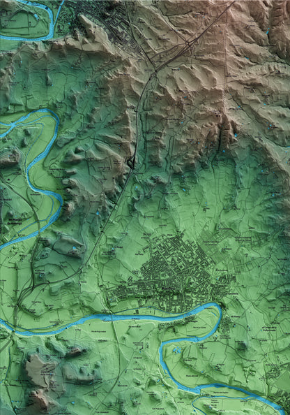 Mapa artístico del relieve de Roda de Ter, a Osona, con 15 km de entorno y base topográfica ICGC. Detalle de la zona superior izquierda.