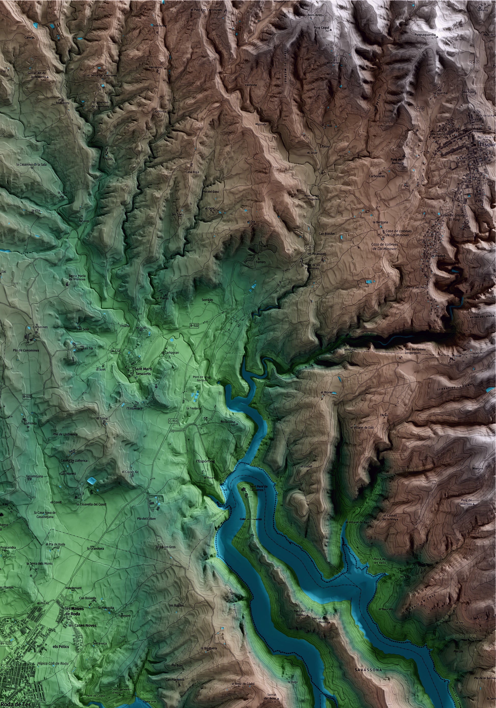 Mapa artístico del relieve de Roda de Ter, a Osona, con 15 km de entorno y base topográfica ICGC. Detalle de la zona superior derecha.