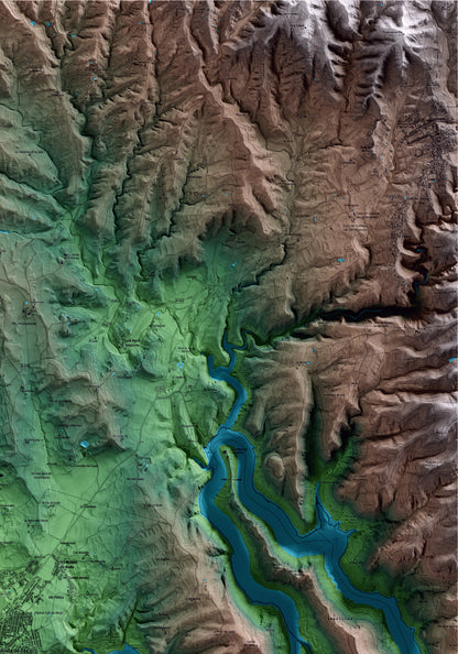 Mapa artístico del relieve de Roda de Ter, a Osona, con 15 km de entorno y base topográfica ICGC. Detalle de la zona superior derecha.