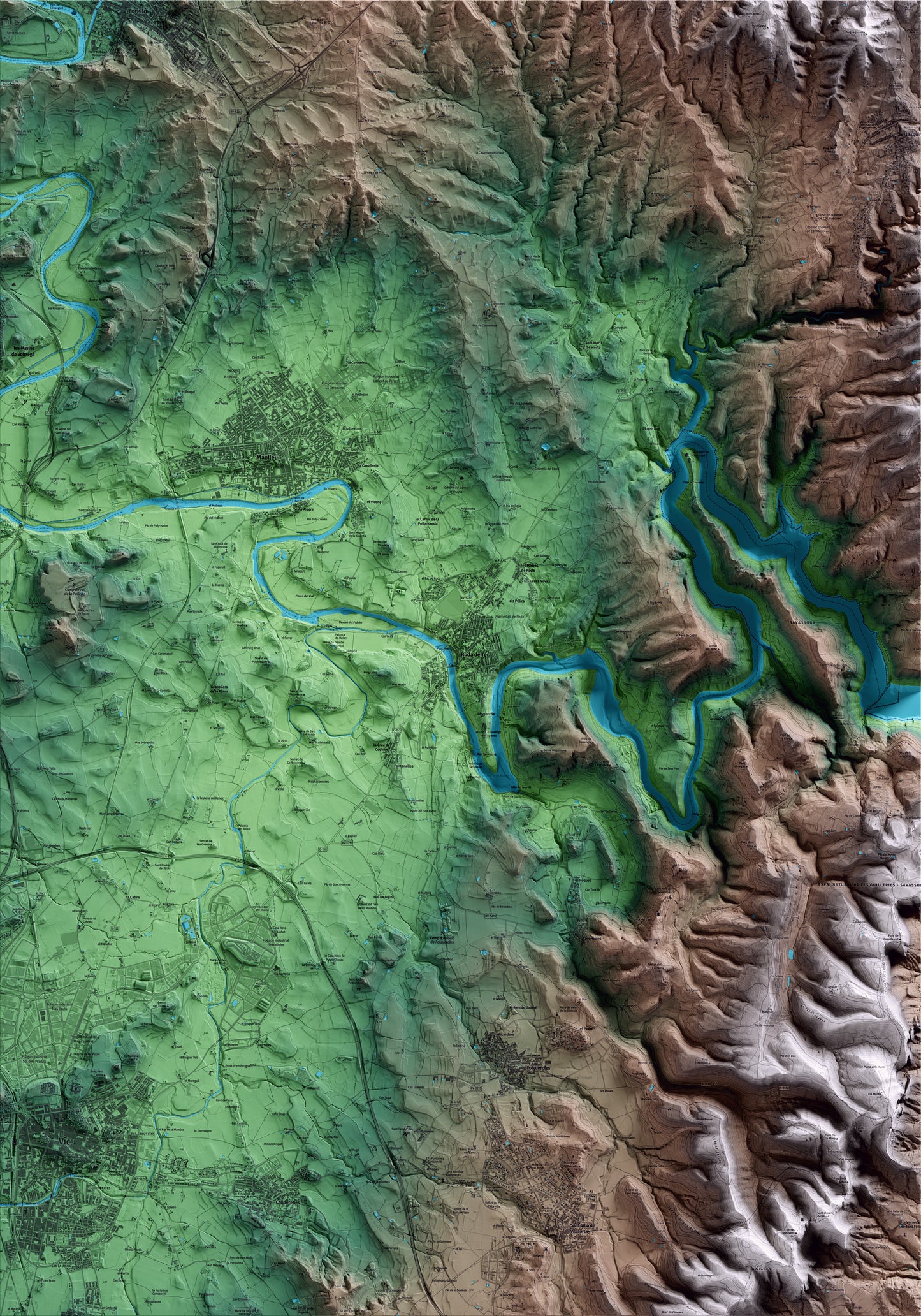 Mapa artístico del relieve de Roda de Ter, a Osona, con 15 km de entorno y base topográfica ICGC