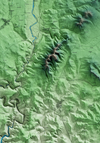 Mapa artístico del relieve de Rodonyà, al Alt Camp, con 15 km de entorno y base topográfica ICGC. Detalle de la zona inferior izquierda.