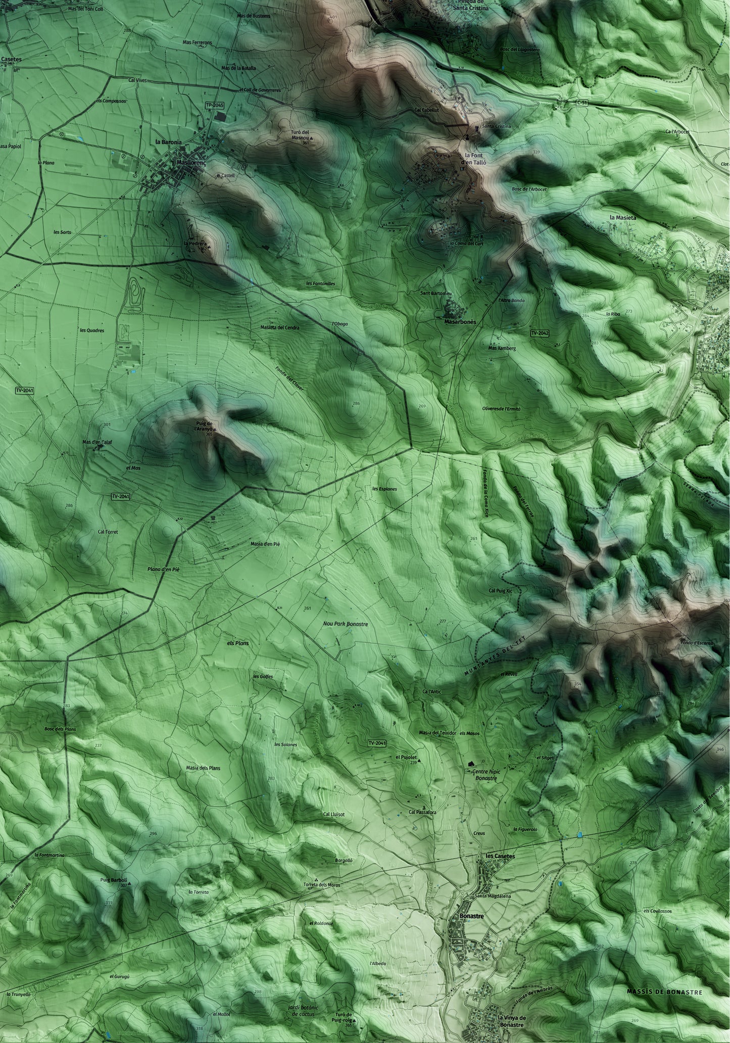 Mapa artístico del relieve de Rodonyà, al Alt Camp, con 15 km de entorno y base topográfica ICGC. Detalle de la zona inferior derecha.
