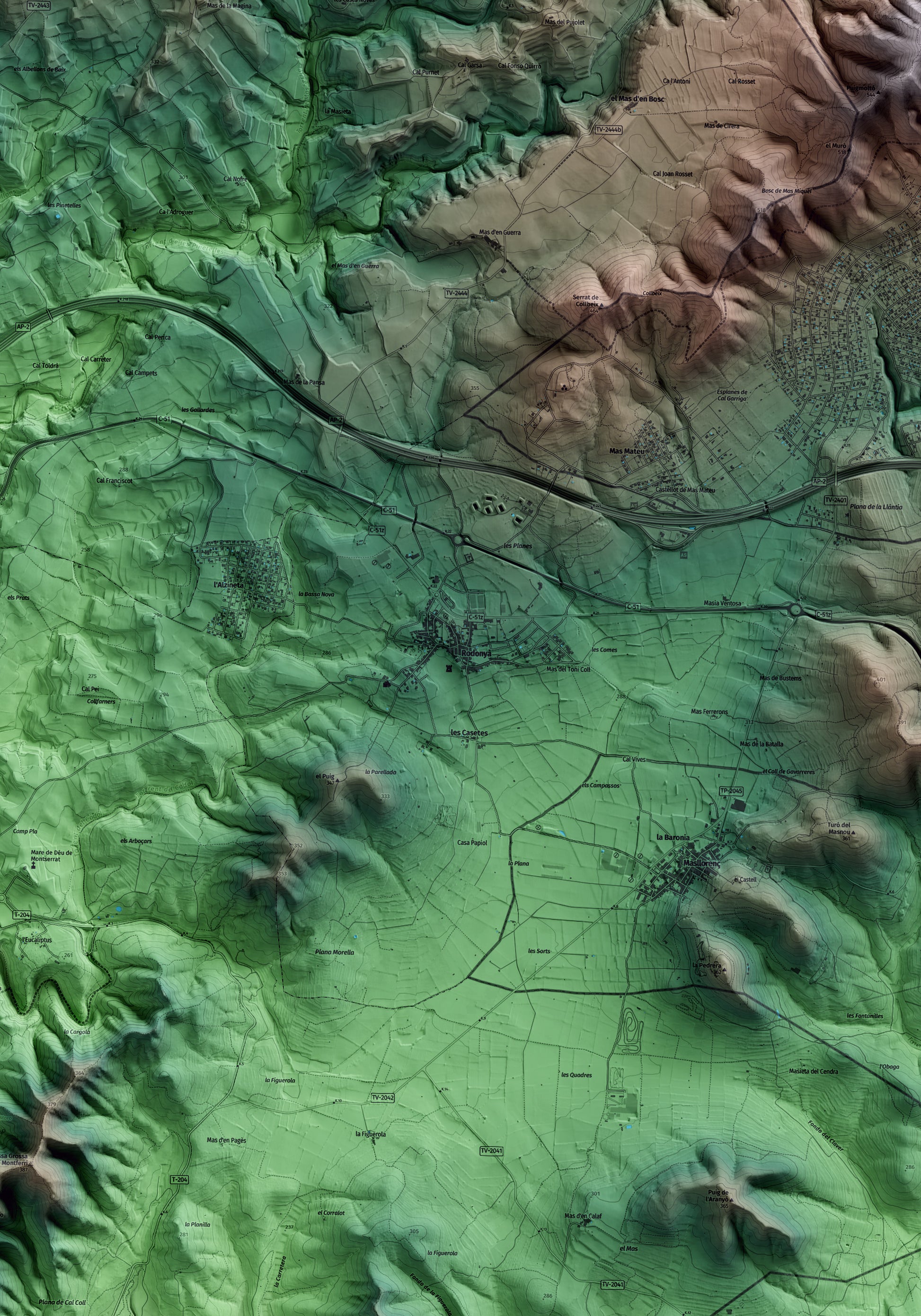 Mapa artístico del relieve de Rodonyà, al Alt Camp, con 15 km de entorno y base topográfica ICGC. Detalle de la zona central.