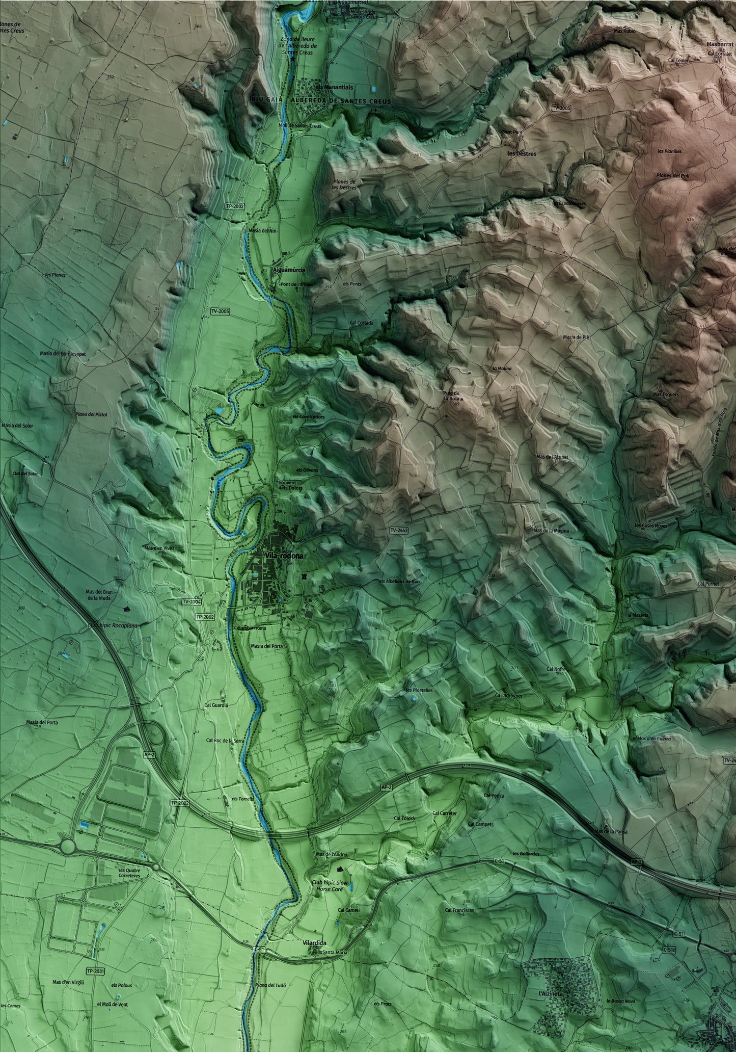 Mapa artístico del relieve de Rodonyà, al Alt Camp, con 15 km de entorno y base topográfica ICGC. Detalle de la zona superior izquierda.
