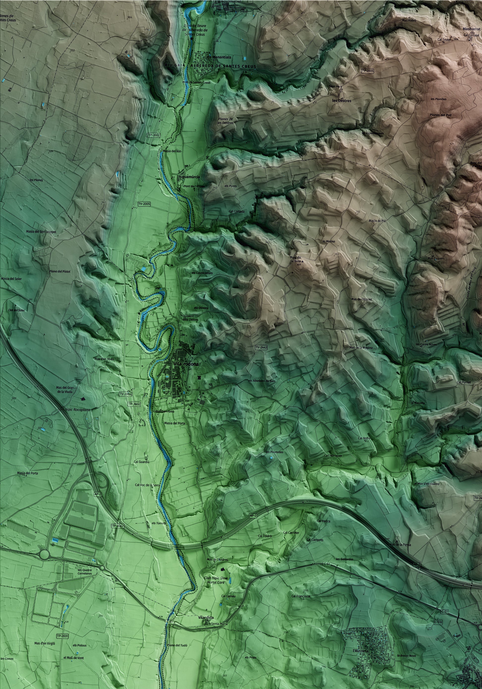 Mapa artístico del relieve de Rodonyà, al Alt Camp, con 15 km de entorno y base topográfica ICGC. Detalle de la zona superior izquierda.