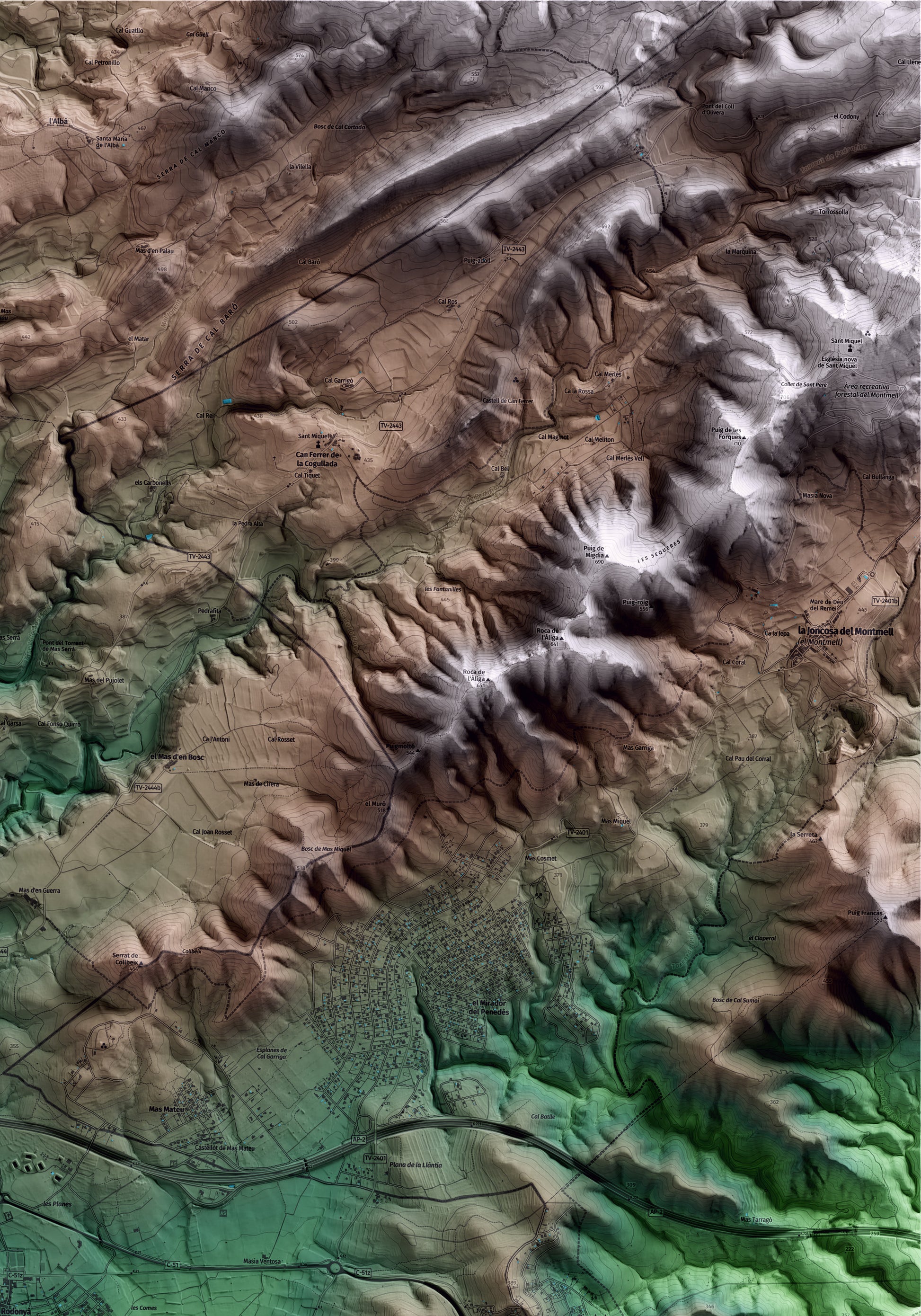 Mapa artístico del relieve de Rodonyà, al Alt Camp, con 15 km de entorno y base topográfica ICGC. Detalle de la zona superior derecha.