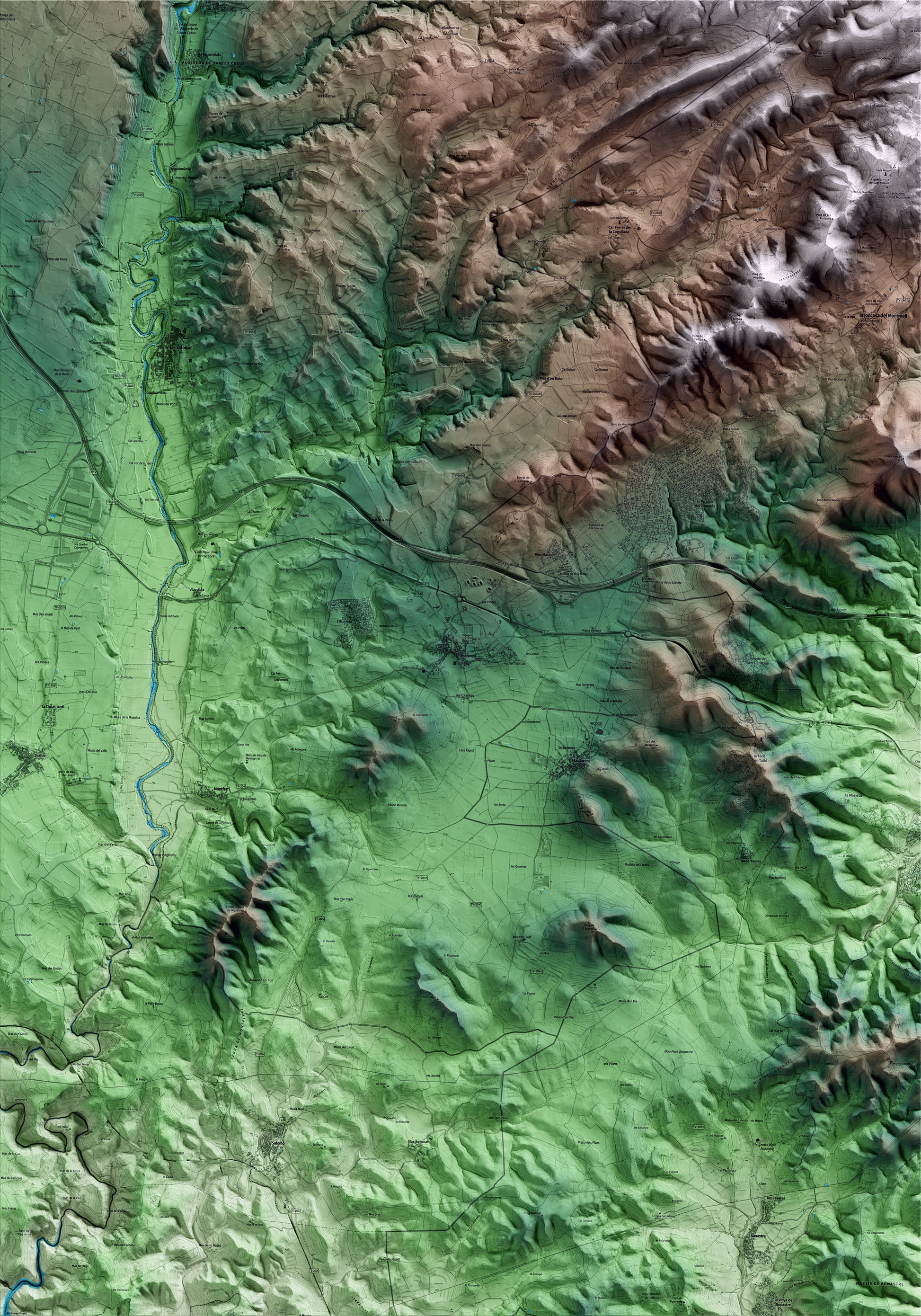 Mapa artístico del relieve de Rodonyà, al Alt Camp, con 15 km de entorno y base topográfica ICGC
