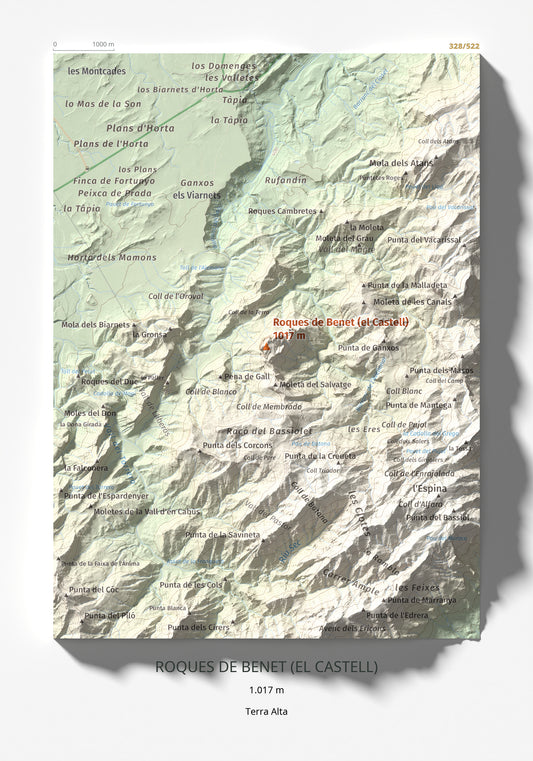 Mapa de relieve de Roques de Benet (el Castell), 1017 m, Terra Alta, lámina 100 Cims de Trobart 21 × 30 cm.