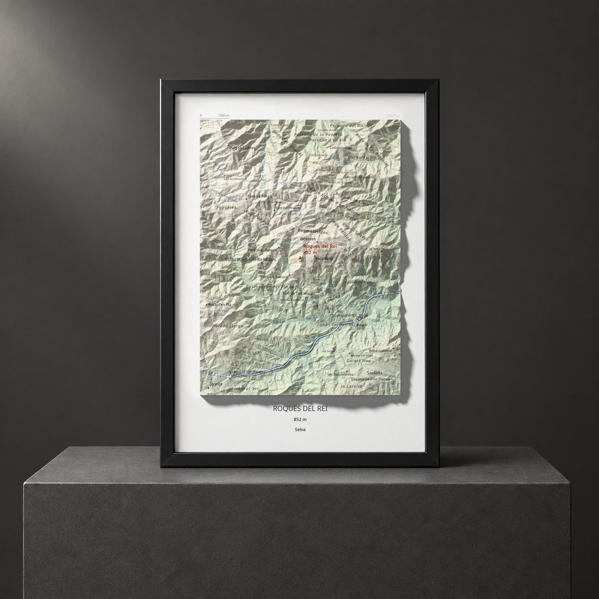 Mapa de relieve de Roques del Rei, 852 m, Selva, lámina 100 Cims de Trobart. Presentación enmarcada. 21 × 30 cm.