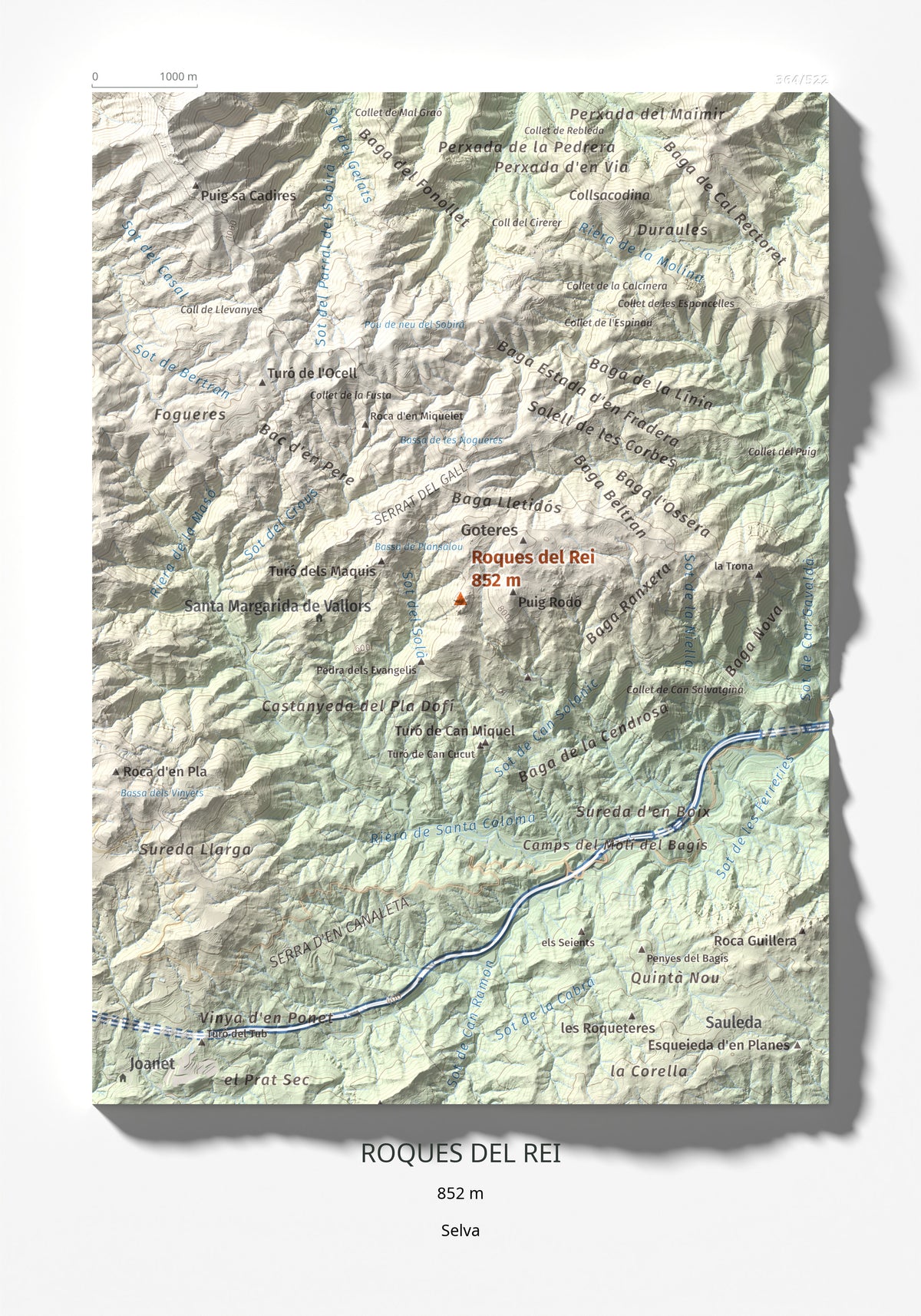 Mapa de relieve de Roques del Rei, 852 m, Selva, lámina 100 Cims de Trobart 21 × 30 cm.