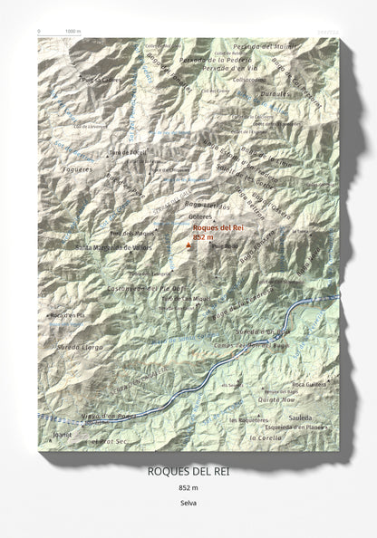 Mapa de relieve de Roques del Rei, 852 m, Selva, lámina 100 Cims de Trobart 21 × 30 cm.