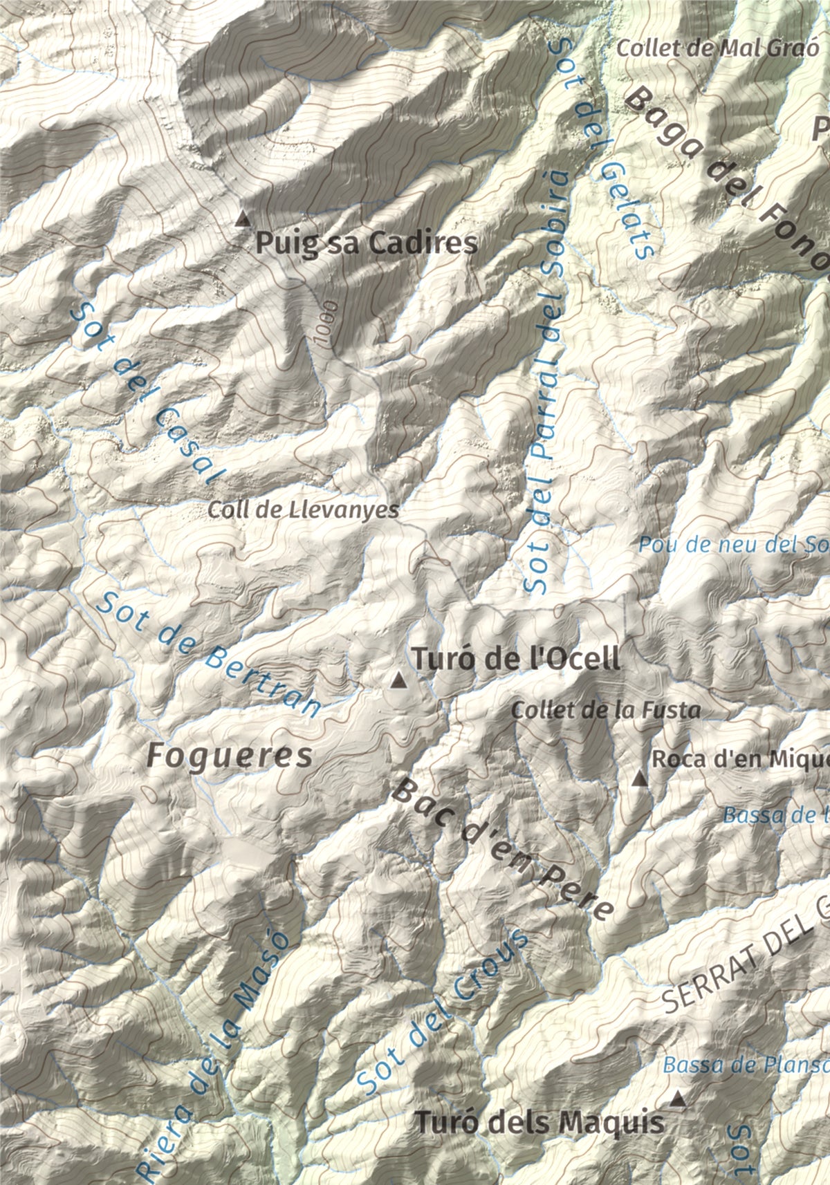 Mapa de relieve de Roques del Rei, 852 m, Selva, lámina 100 Cims de Trobart. Detalle de la zona superior izquierda. 21 × 30 cm.