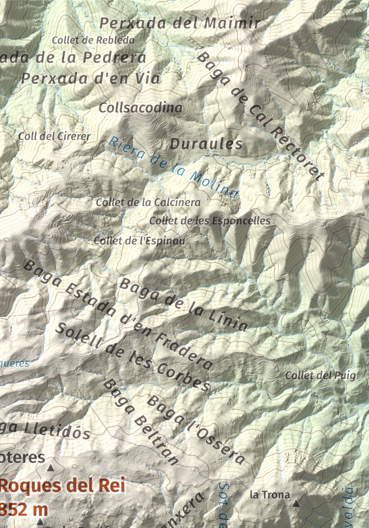 Mapa de relieve de Roques del Rei, 852 m, Selva, lámina 100 Cims de Trobart. Detalle de la zona superior derecha. 21 × 30 cm.