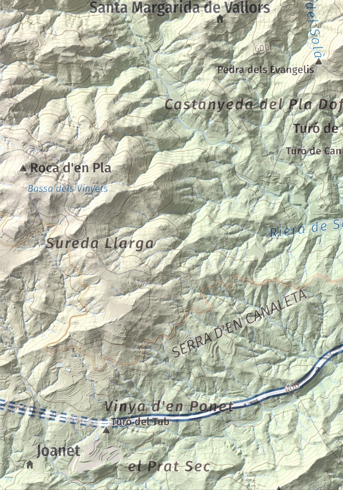 Mapa de relieve de Roques del Rei, 852 m, Selva, lámina 100 Cims de Trobart. Detalle de la zona inferior izquierda. 21 × 30 cm.