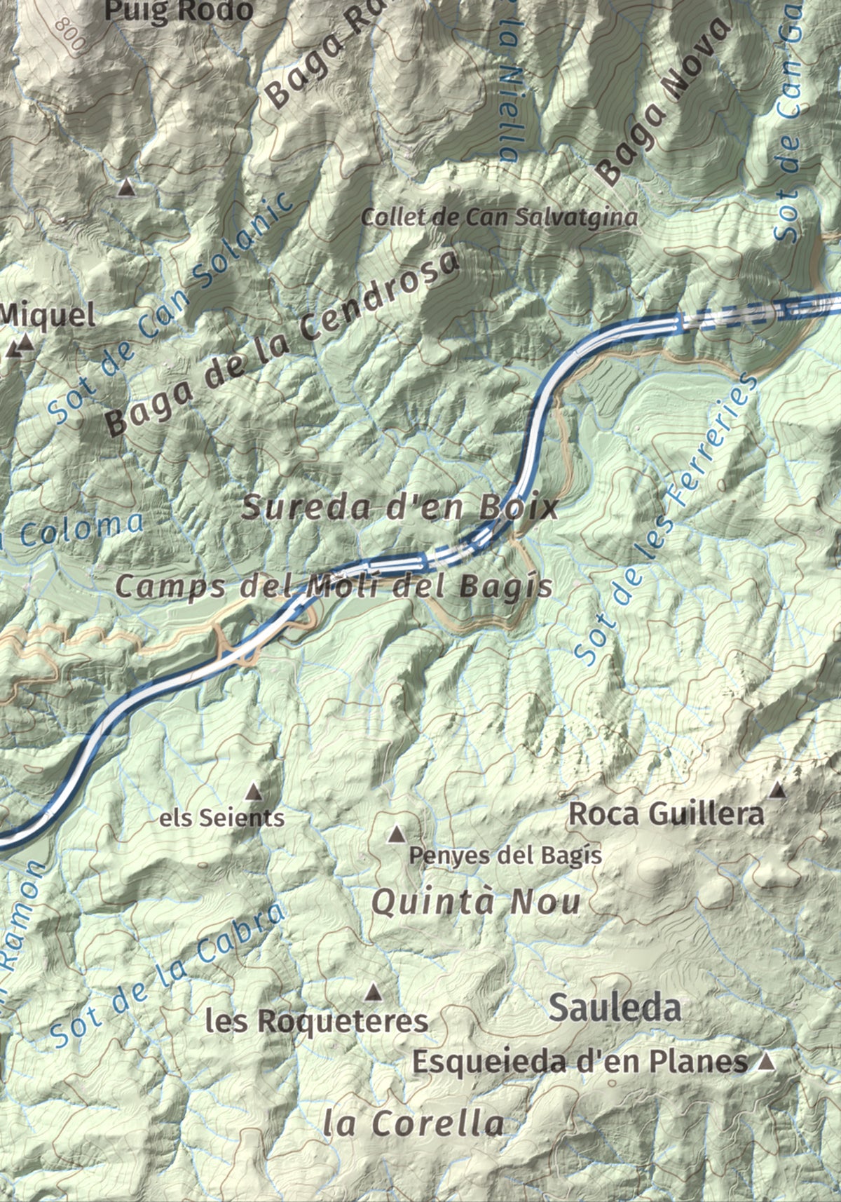 Mapa de relieve de Roques del Rei, 852 m, Selva, lámina 100 Cims de Trobart. Detalle de la zona inferior derecha. 21 × 30 cm.