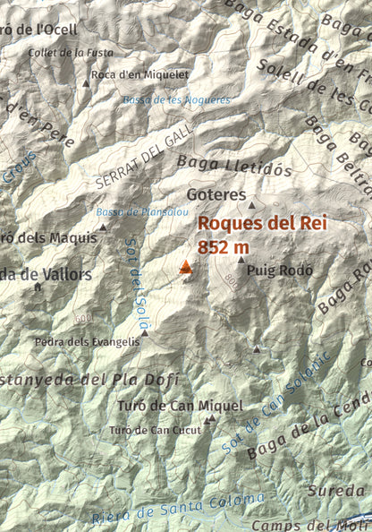 Mapa de relieve de Roques del Rei, 852 m, Selva, lámina 100 Cims de Trobart. Detalle de la zona central. 21 × 30 cm.