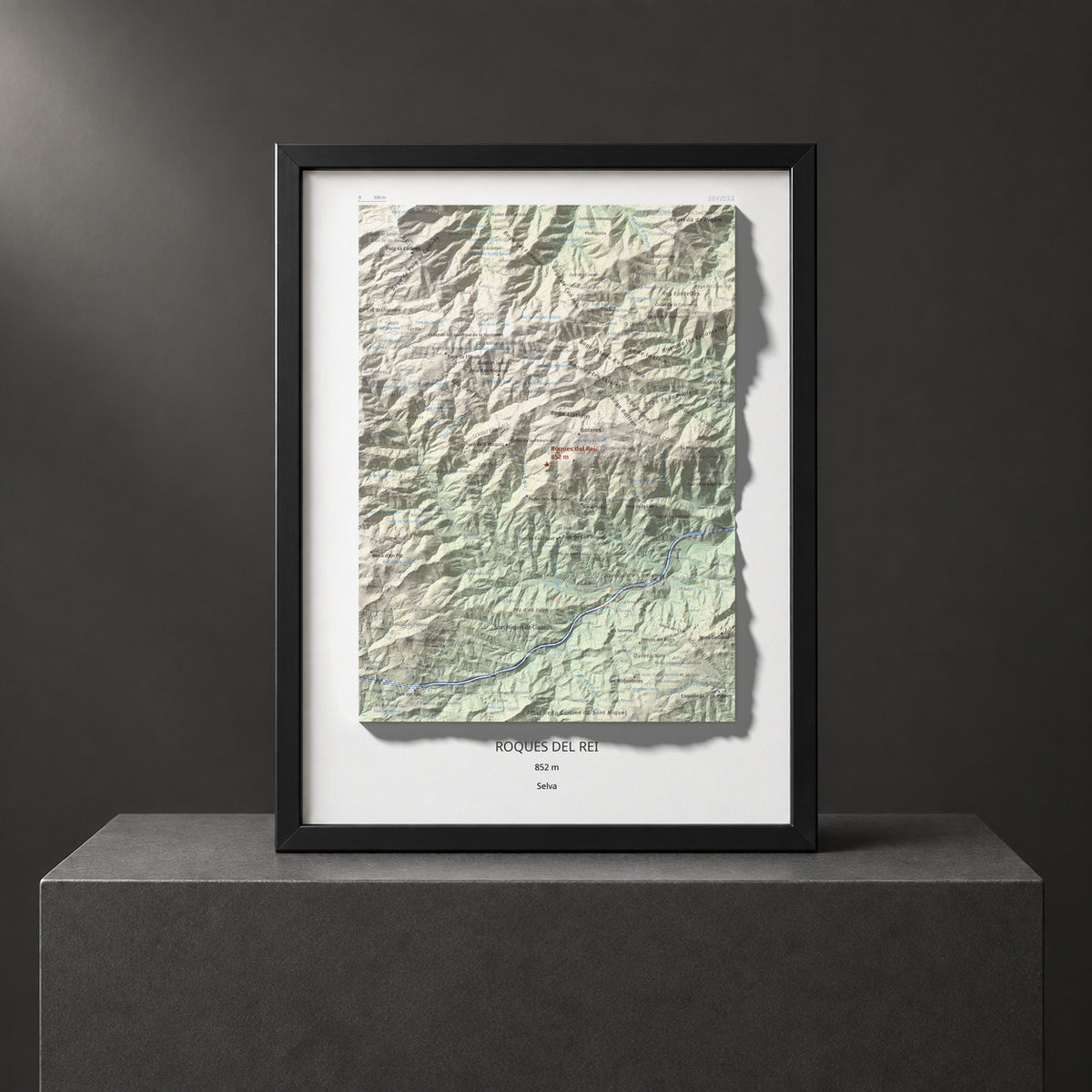 Mapa de relieve de Roques del Rei, 852 m, Selva, lámina 100 Cims de Trobart. Presentación enmarcada. 30 × 40 cm.