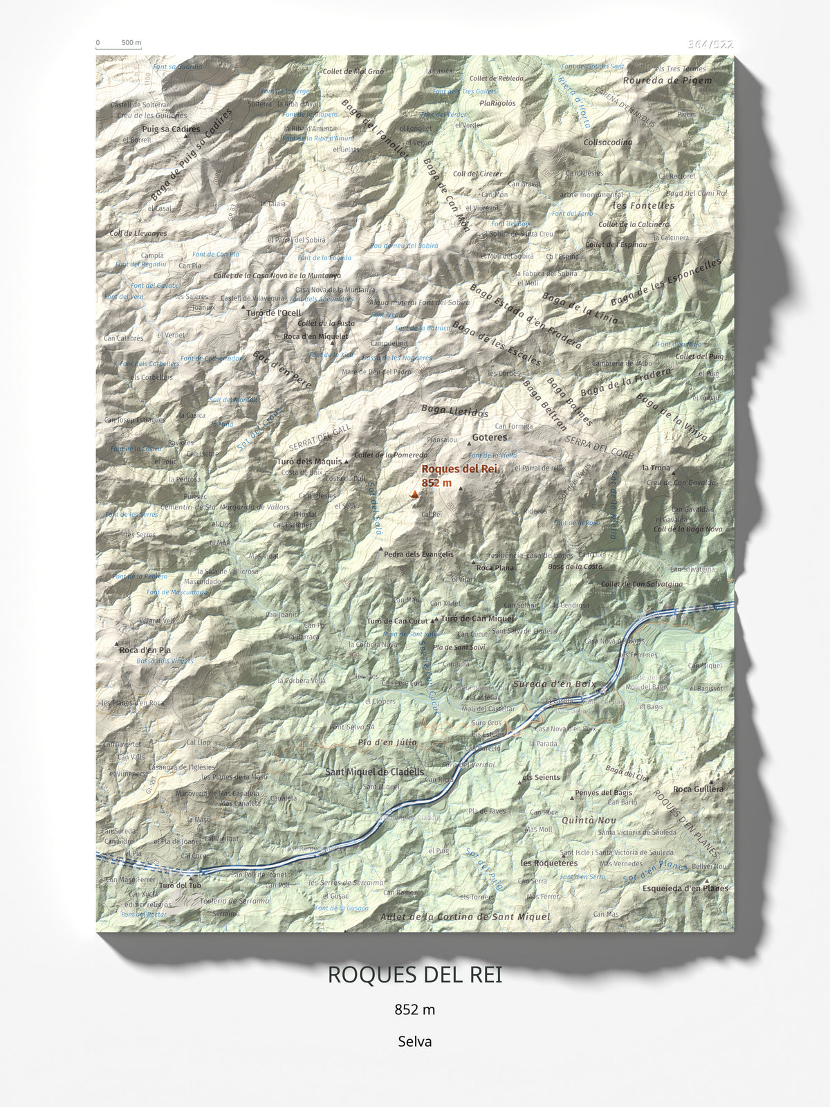 Mapa de relieve de Roques del Rei, 852 m, Selva, lámina 100 Cims de Trobart 30 × 40 cm.