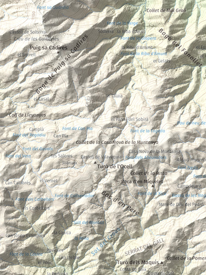 Mapa de relieve de Roques del Rei, 852 m, Selva, lámina 100 Cims de Trobart. Detalle de la zona superior izquierda. 30 × 40 cm.