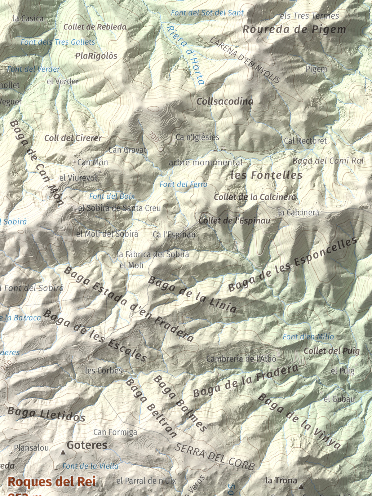 Mapa de relieve de Roques del Rei, 852 m, Selva, lámina 100 Cims de Trobart. Detalle de la zona superior derecha. 30 × 40 cm.