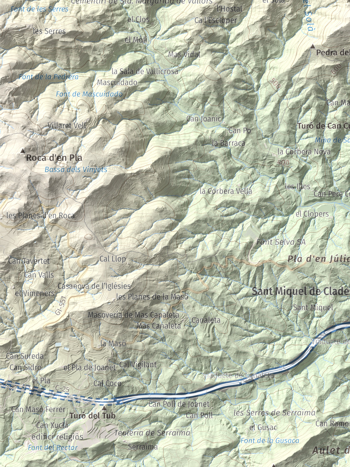 Mapa de relieve de Roques del Rei, 852 m, Selva, lámina 100 Cims de Trobart. Detalle de la zona inferior izquierda. 30 × 40 cm.