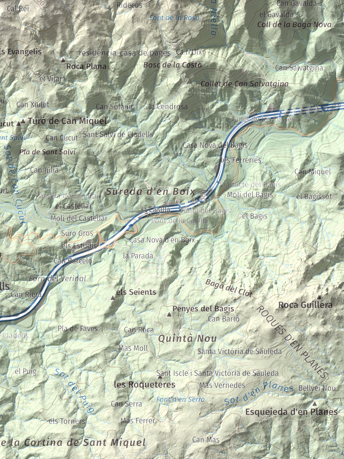 Mapa de relieve de Roques del Rei, 852 m, Selva, lámina 100 Cims de Trobart. Detalle de la zona inferior derecha. 30 × 40 cm.